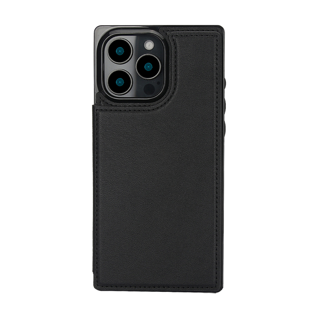 iPhone 16 Pro Max Leather Wallet Ring Button Case - Black