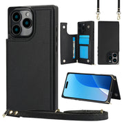 iPhone 16 Pro Max Leather Wallet Ring Button Case - Black